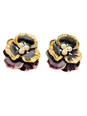 Signed MT Pansy Purple Black Enamel Faux Pearl Clip-On Earrings J795